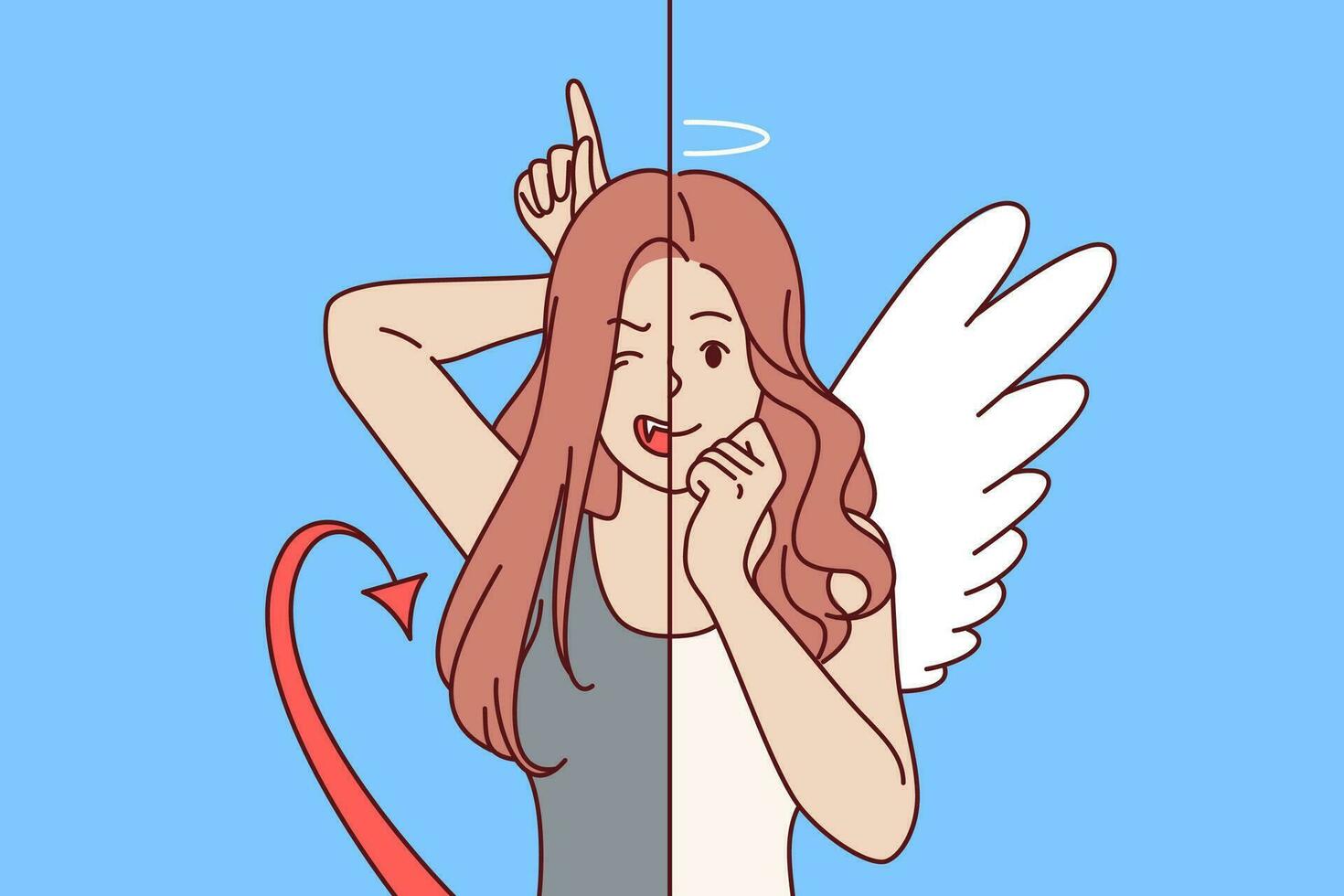 Woman with face of angel and demon symbolizes struggle between good and evil in human soul vector