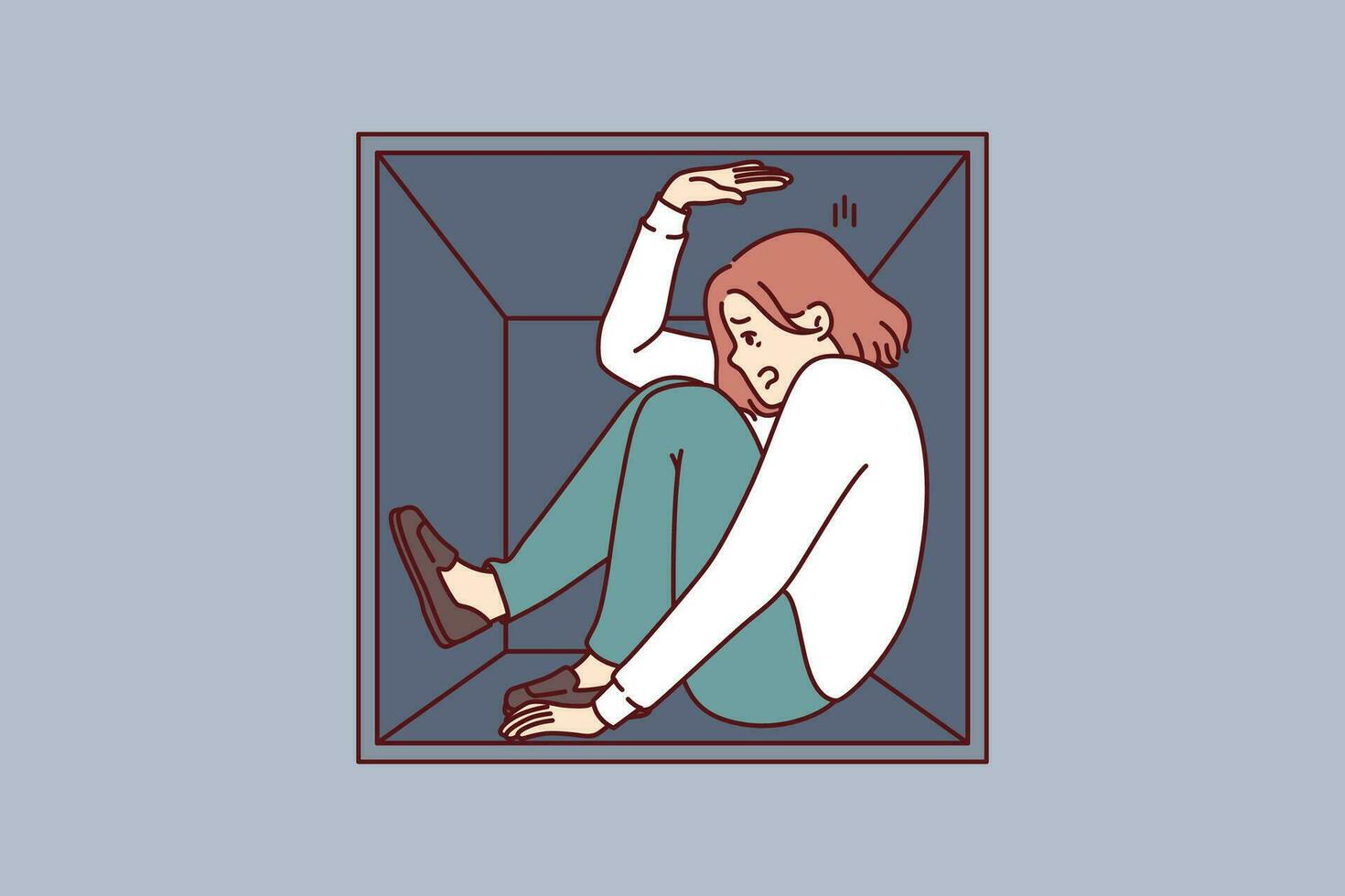 Woman suffering from claustrophobia sits in cramped box and feels pressure of walls vector