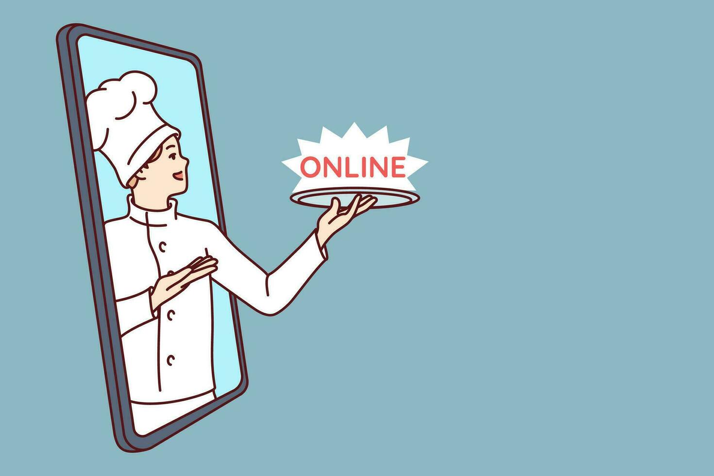 Man restaurant chef with word online on tray looks out phone screen offering to download application vector