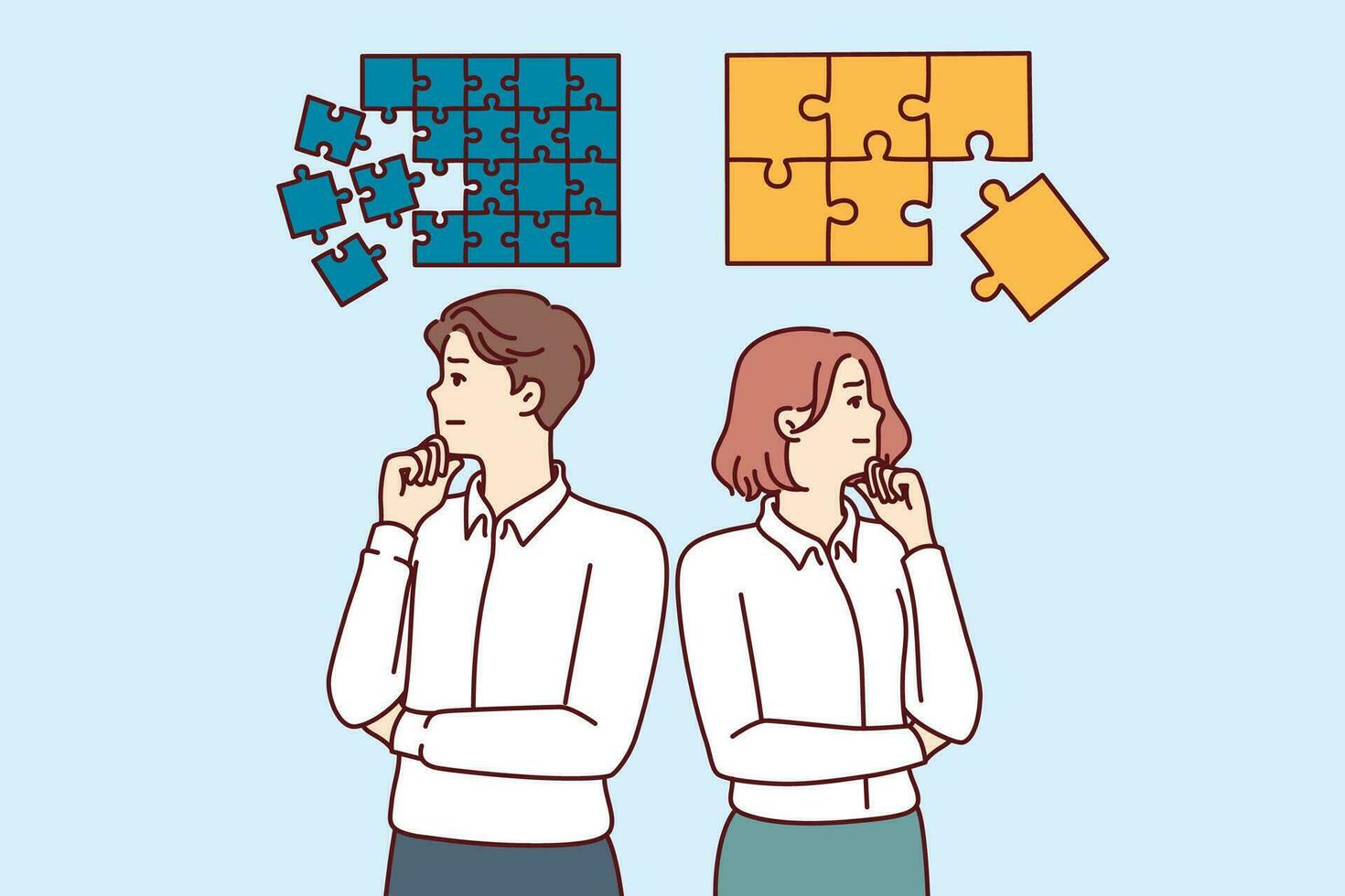 Business people reflect on corporate development and planning standing near puzzles different sizes vector