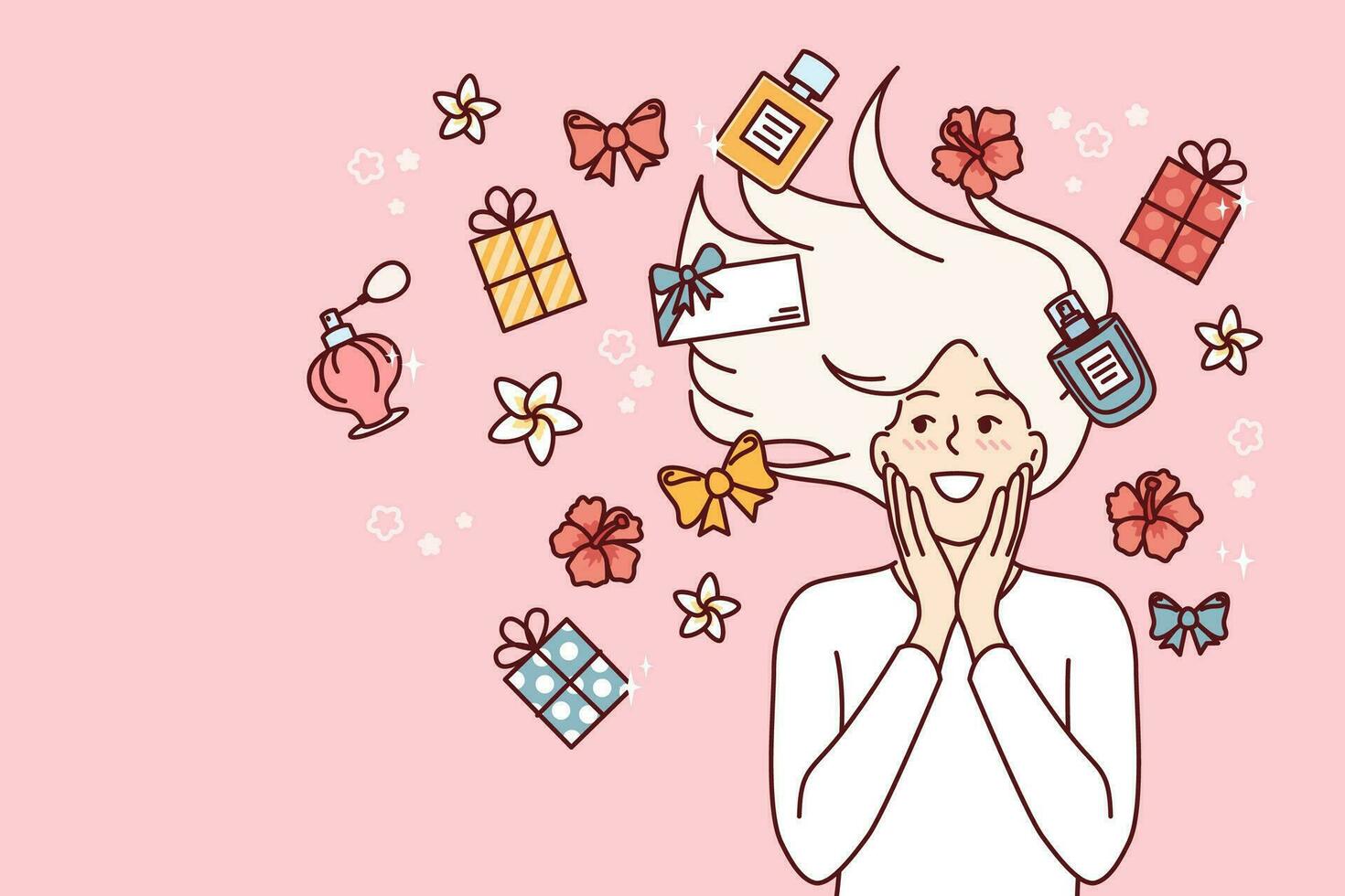 Woman among perfume bottles and flower buds rejoices at opportunity to use aromatherapy vector