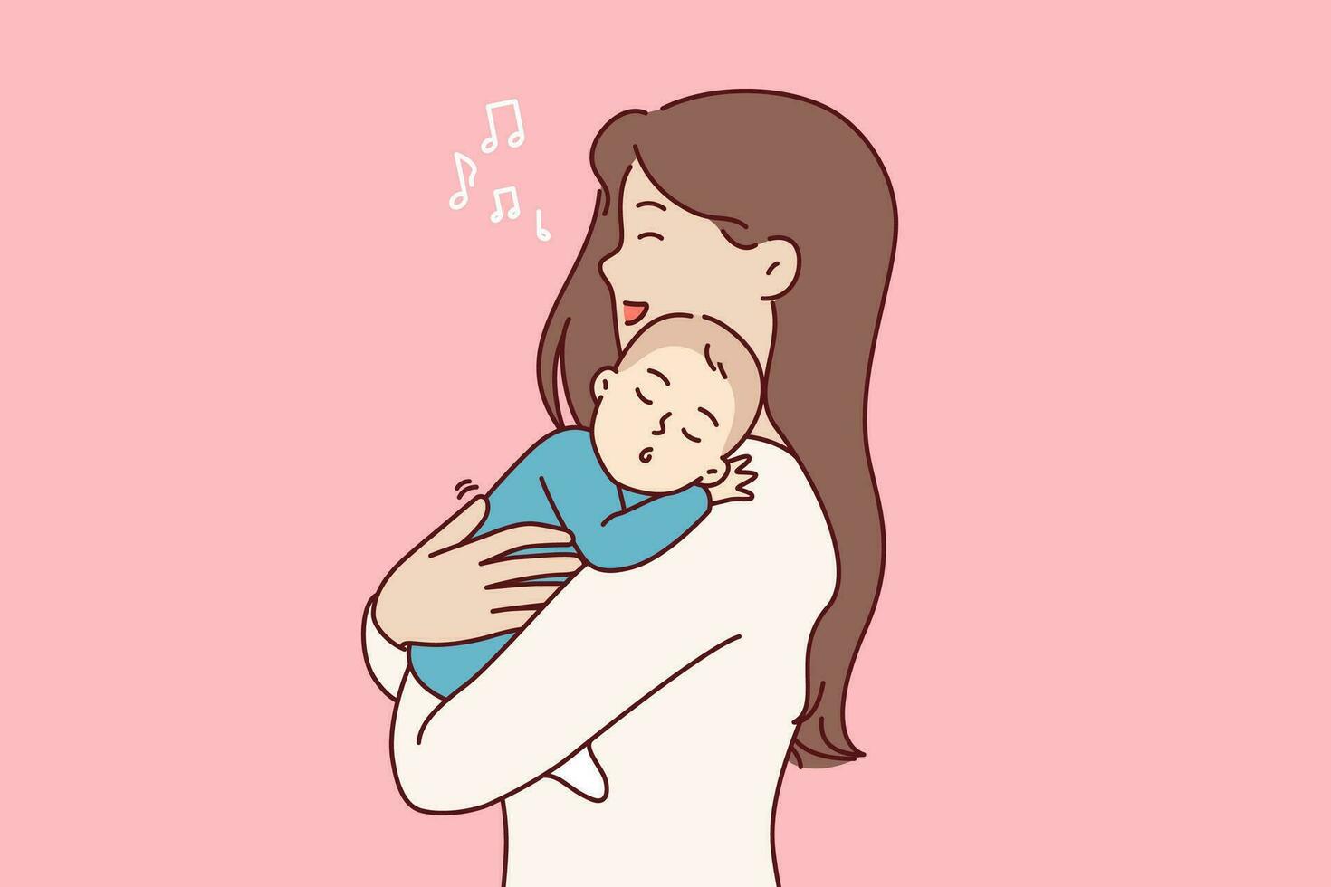 madre canta canción de cuna a recién nacido hijo, participación dormido bebé en brazos y sensación felicidad maternidad vector