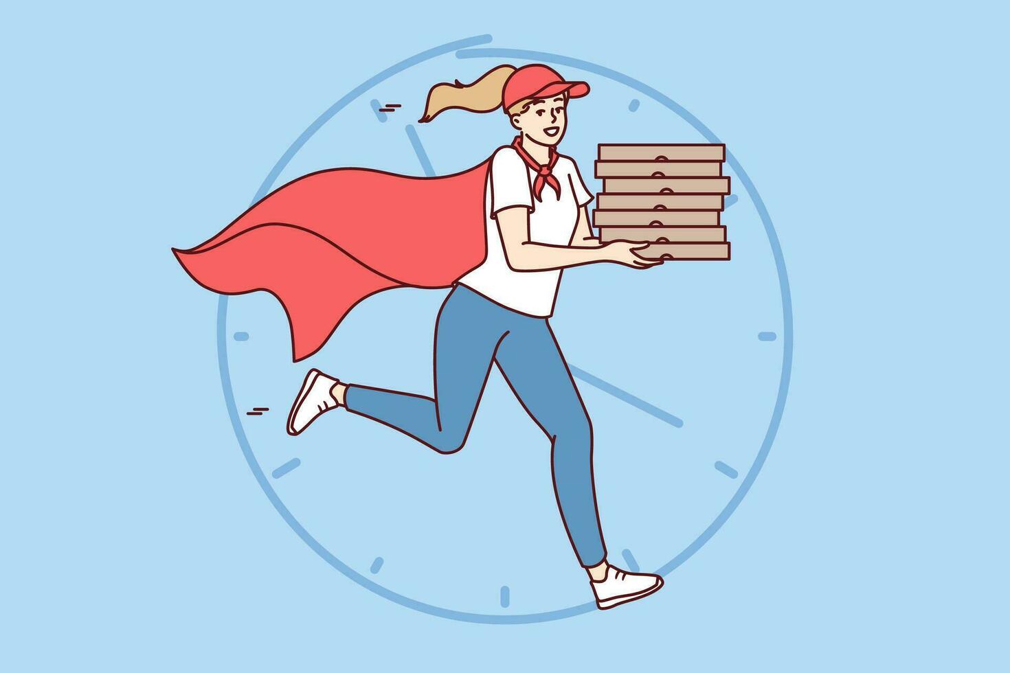 Woman courier with boxes of pizza in hands runs to quickly deliver order, dressed in superhero cape vector