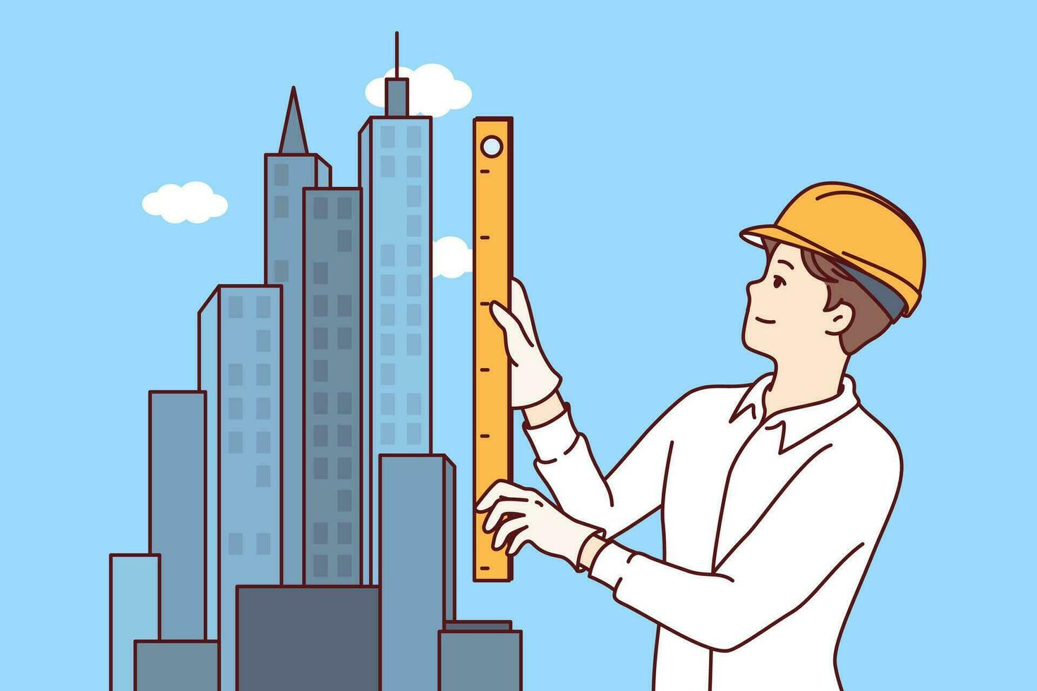 Man architect designs construction skyscraper and stands near models downtown holding ruler in hands vector