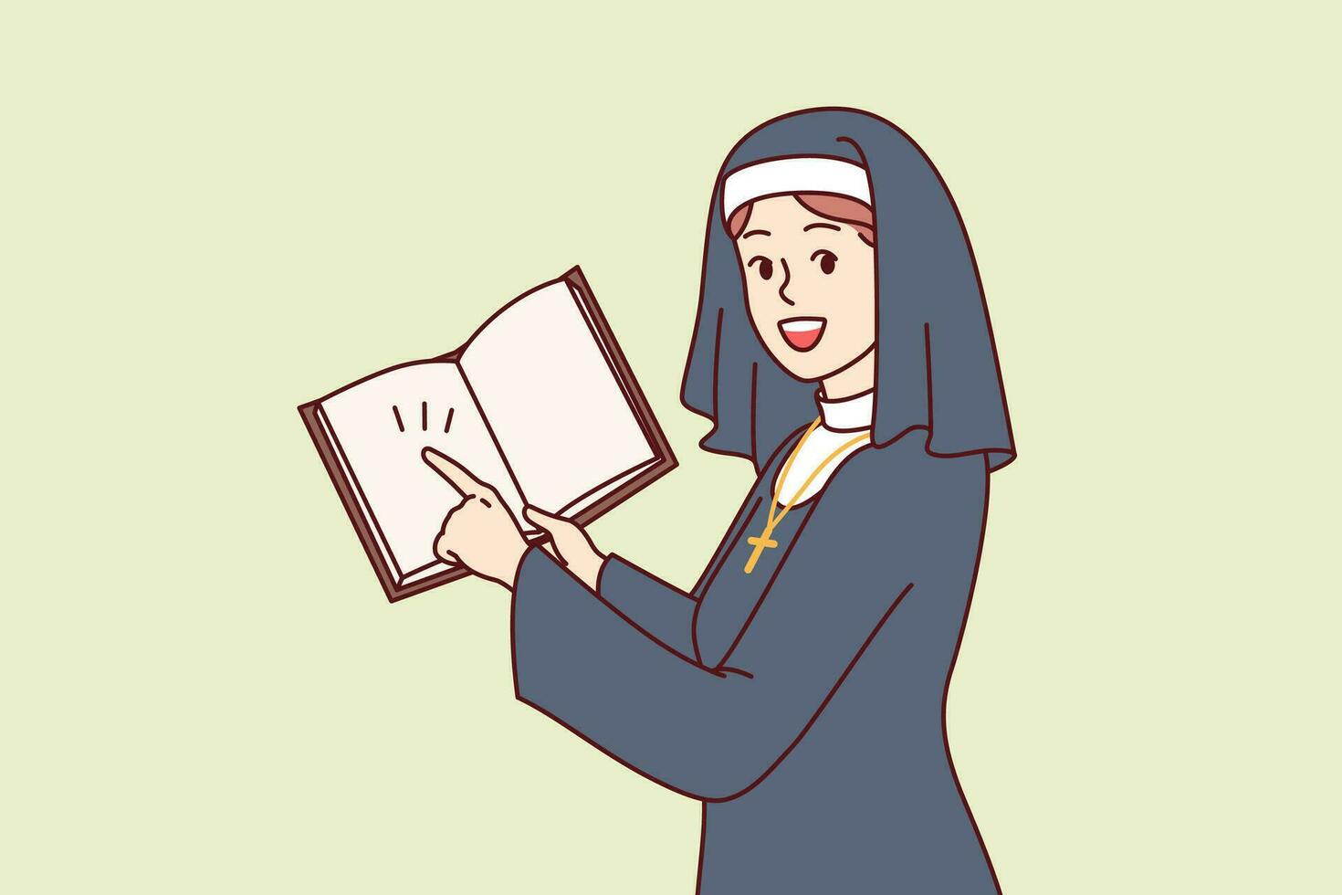 Woman nun with open bible in hands points finger at predictions, dressed in catholic cassock vector