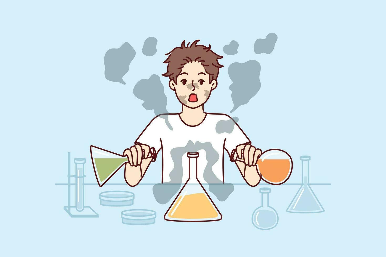 chico conduce laboratorio experimentos mezcla reactivos desde prueba tubos y experimentando conmoción vector