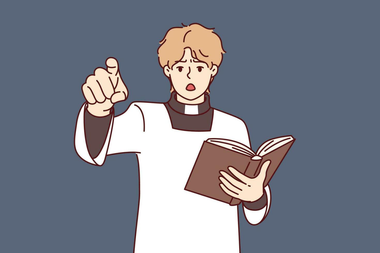 Catholic priest with bible reads sermon and points finger at screen, talking about dangers sins vector