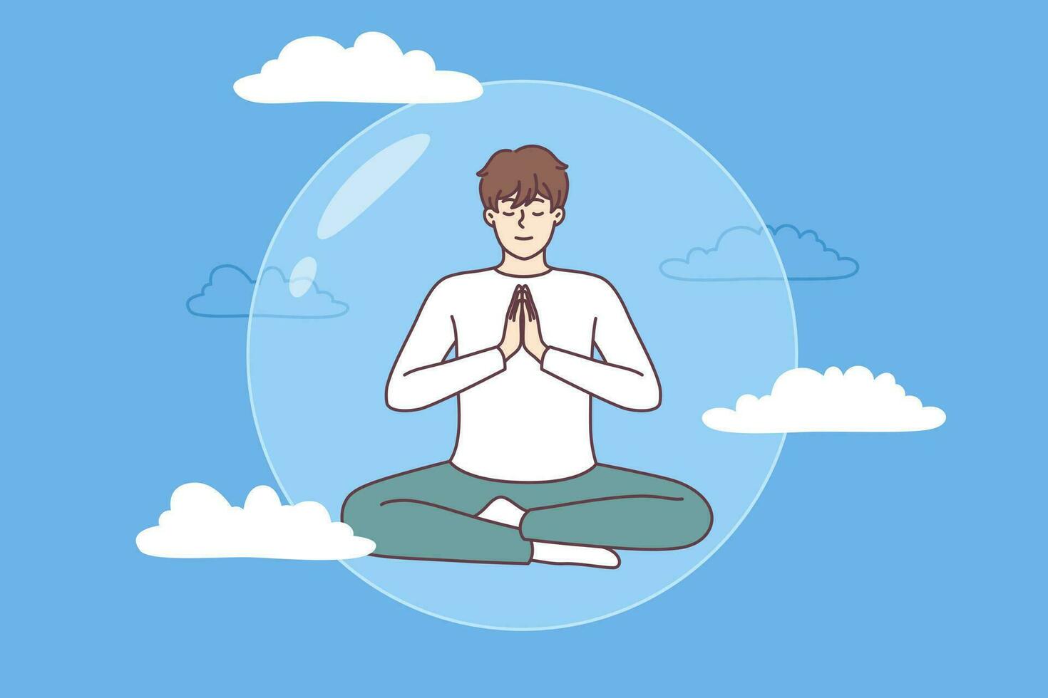 meditando hombre lo hace yoga en transparente burbuja volador en cielo y ejecutando zen ejercicios vector