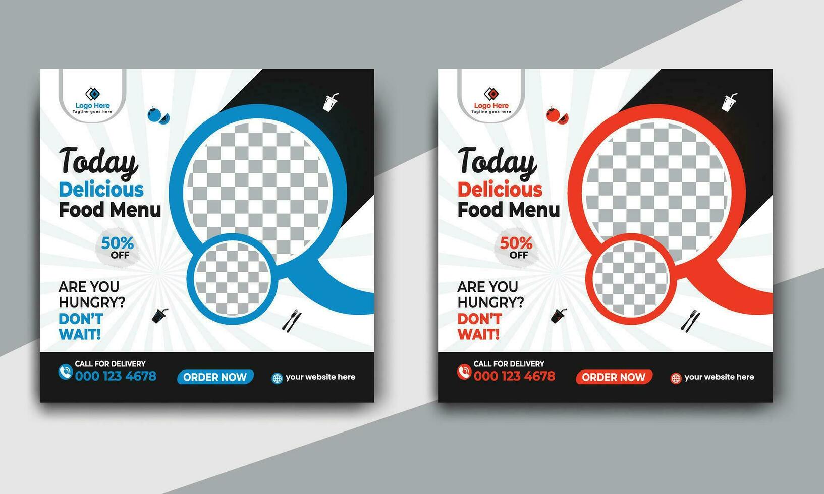 Fast food restaurant business marketing social media post or web banner template design with abstract background. Fresh pizza, burger and online sale promotion flyer or poster design. vector