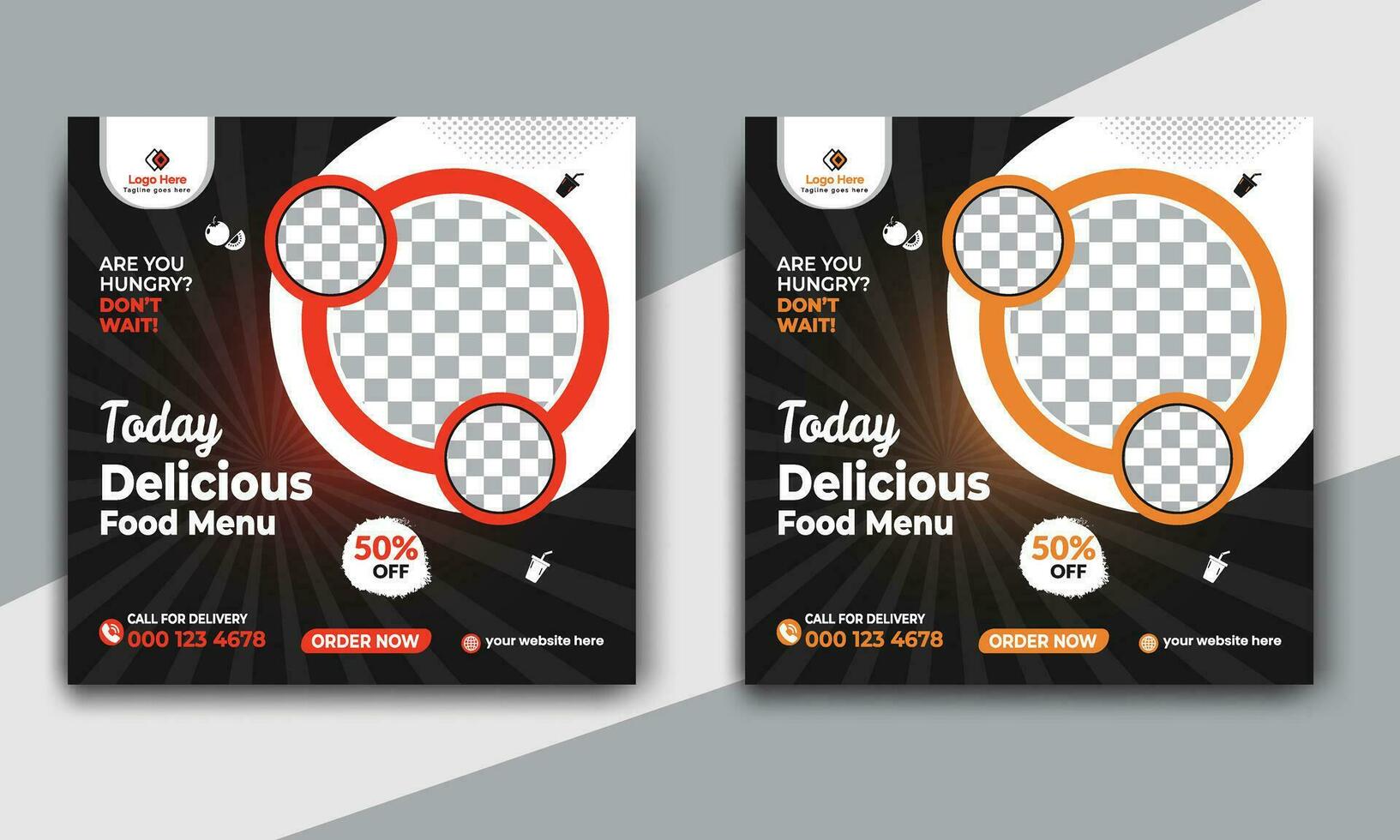 rápido comida restaurante negocio márketing social medios de comunicación enviar o web bandera modelo diseño con resumen antecedentes. Fresco pizza, hamburguesa y en línea rebaja promoción volantes o póster diseño. vector