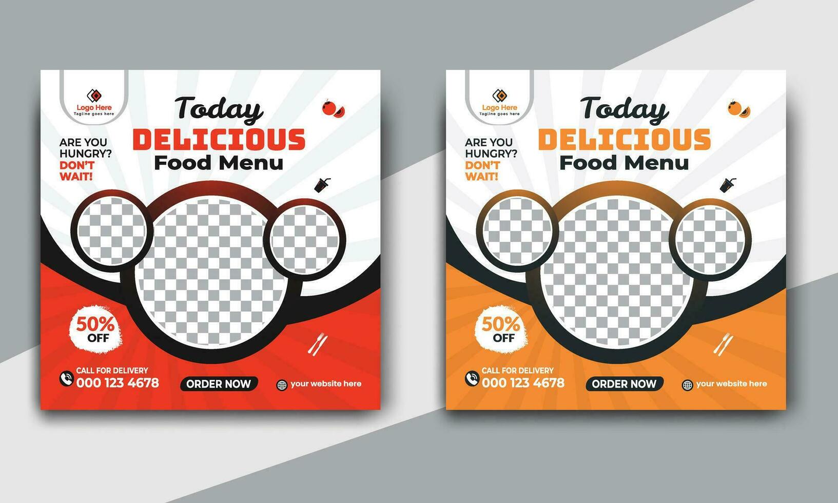 Fast food restaurant business marketing social media post or web banner template design with abstract background. Fresh pizza, burger and online sale promotion flyer or poster design. vector