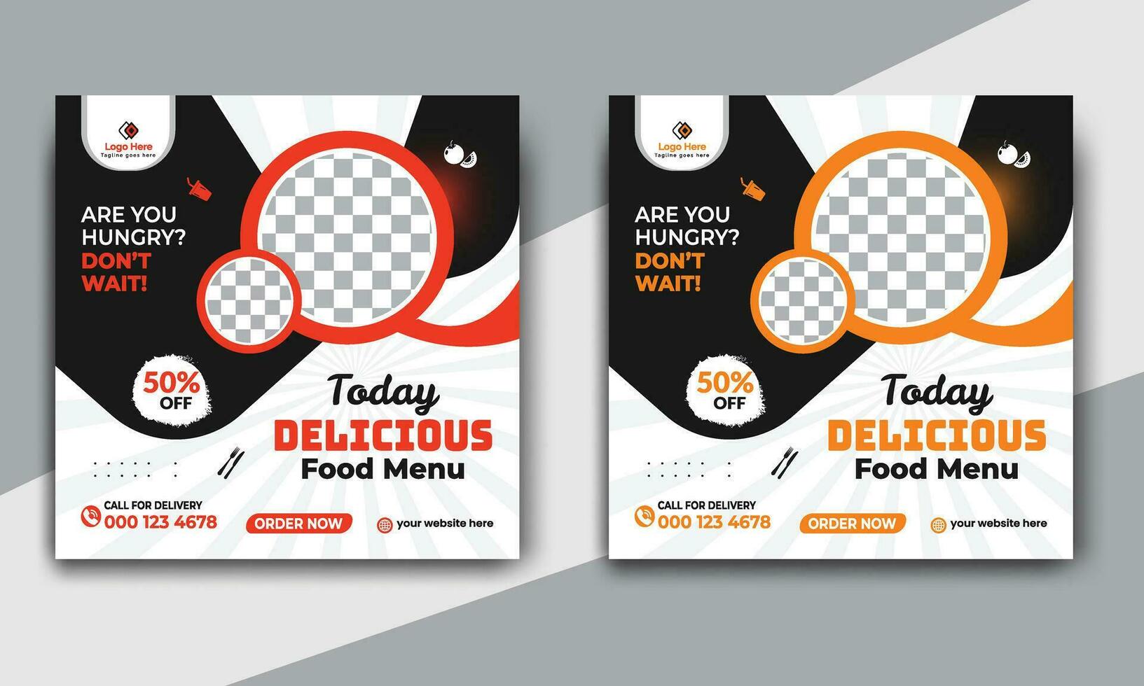 Fast food restaurant business marketing social media post or web banner template design with abstract background. Fresh pizza, burger and online sale promotion flyer or poster design. vector