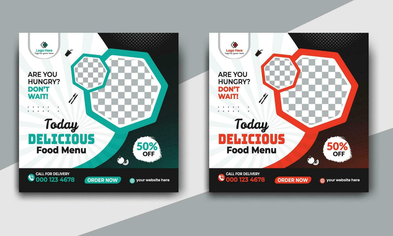 Fast food restaurant business marketing social media post or web banner template design with abstract background. Fresh pizza, burger and online sale promotion flyer or poster design. vector