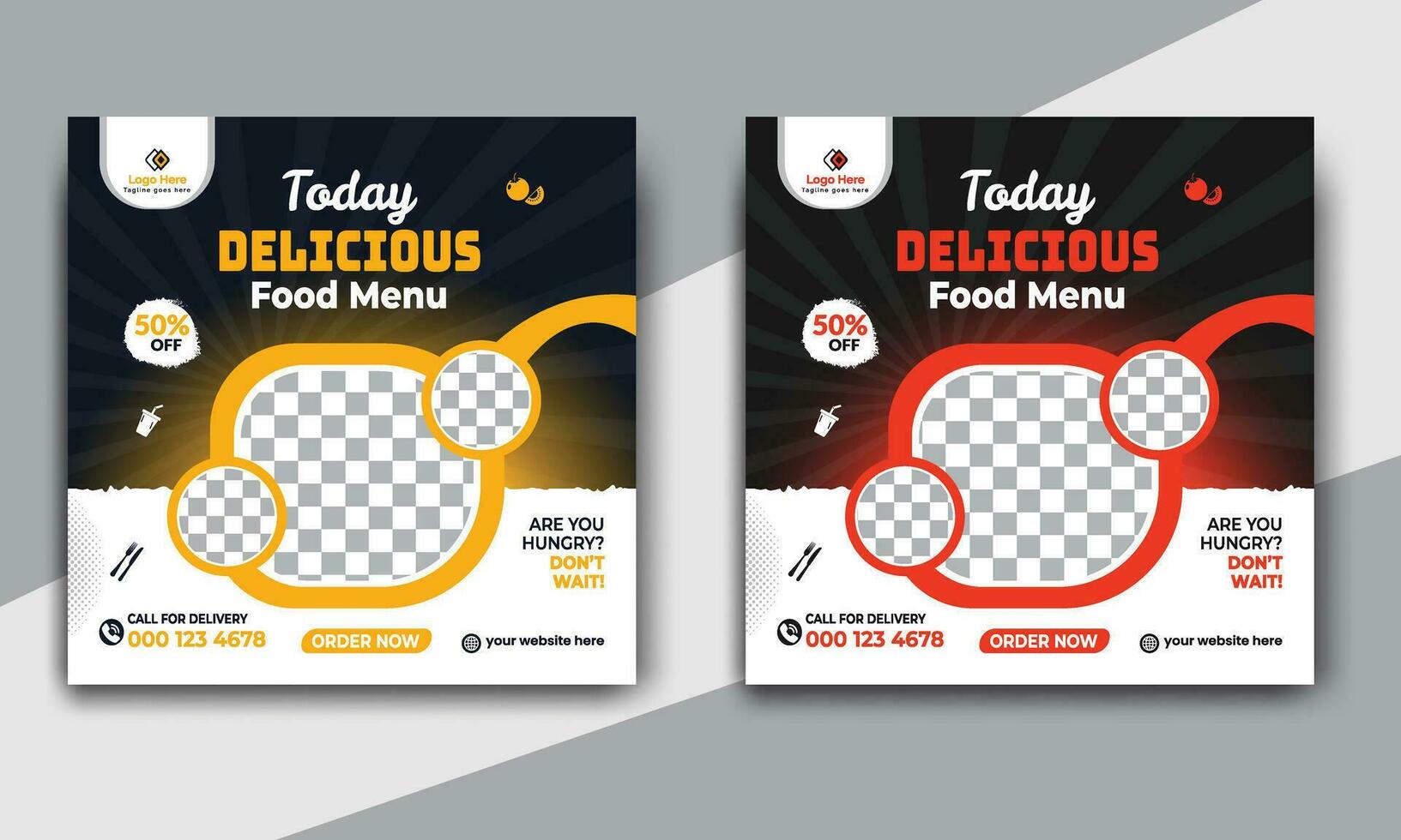 Fast food restaurant business marketing social media post or web banner template design with abstract background. Fresh pizza, burger and online sale promotion flyer or poster design. vector