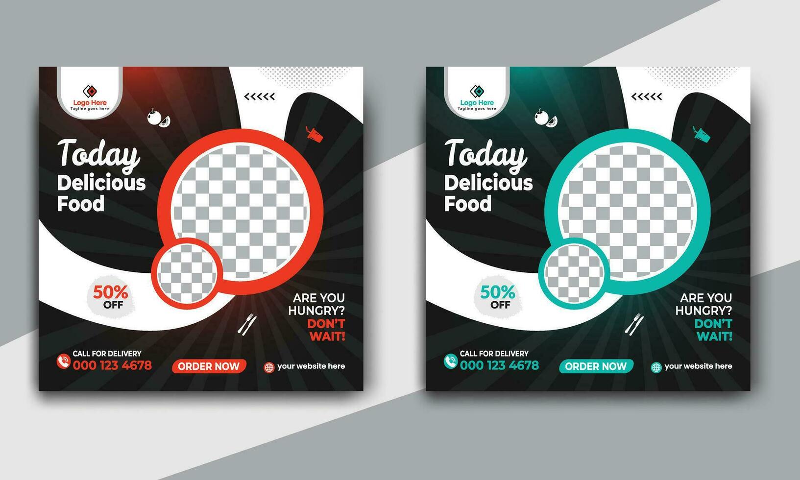 Fast food restaurant business marketing social media post or web banner template design with abstract background. Fresh pizza, burger and online sale promotion flyer or poster design. vector