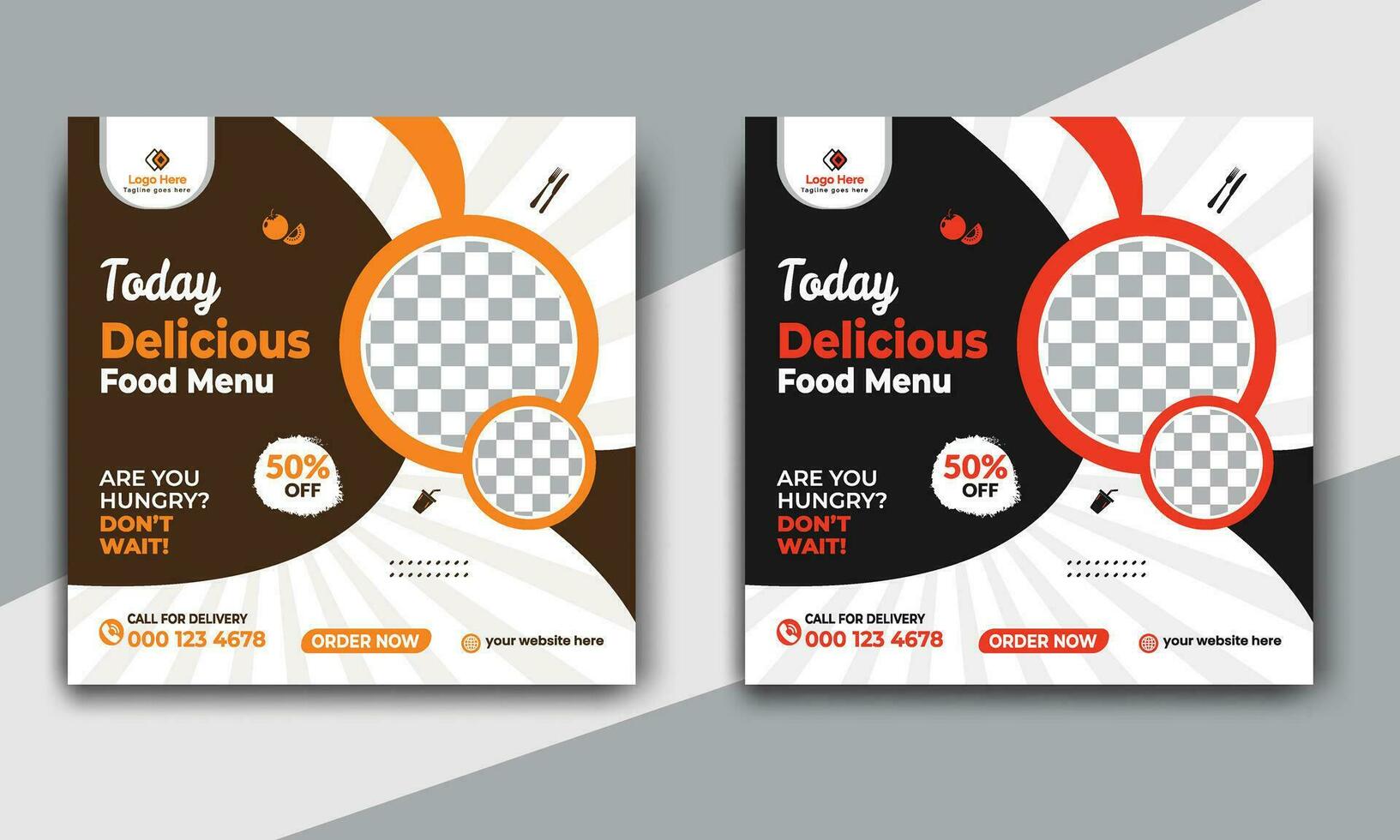 Fast food restaurant business marketing social media post or web banner template design with abstract background. Fresh pizza, burger and online sale promotion flyer or poster design. vector