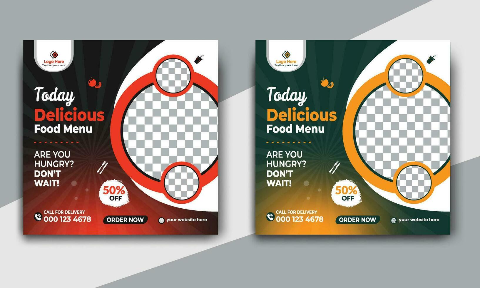 Fast food restaurant business marketing social media post or web banner template design with abstract background. Fresh pizza, burger and online sale promotion flyer or poster design. vector