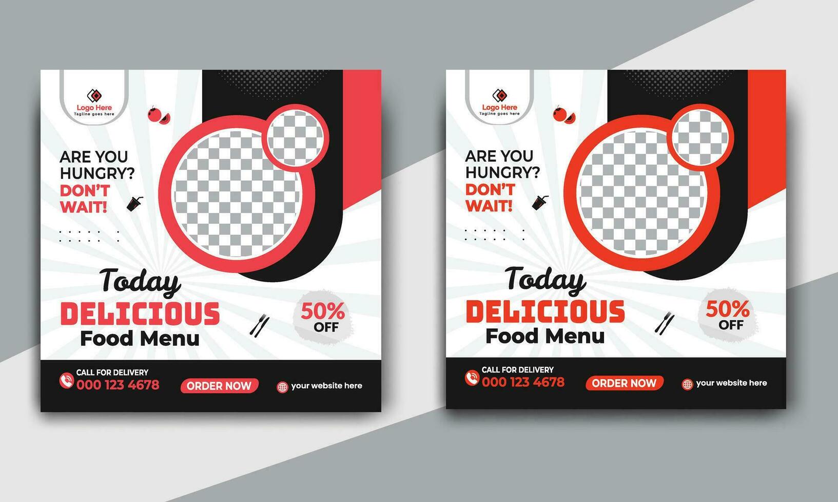 Fast food restaurant business marketing social media post or web banner template design with abstract background. Fresh pizza, burger and online sale promotion flyer or poster design. vector