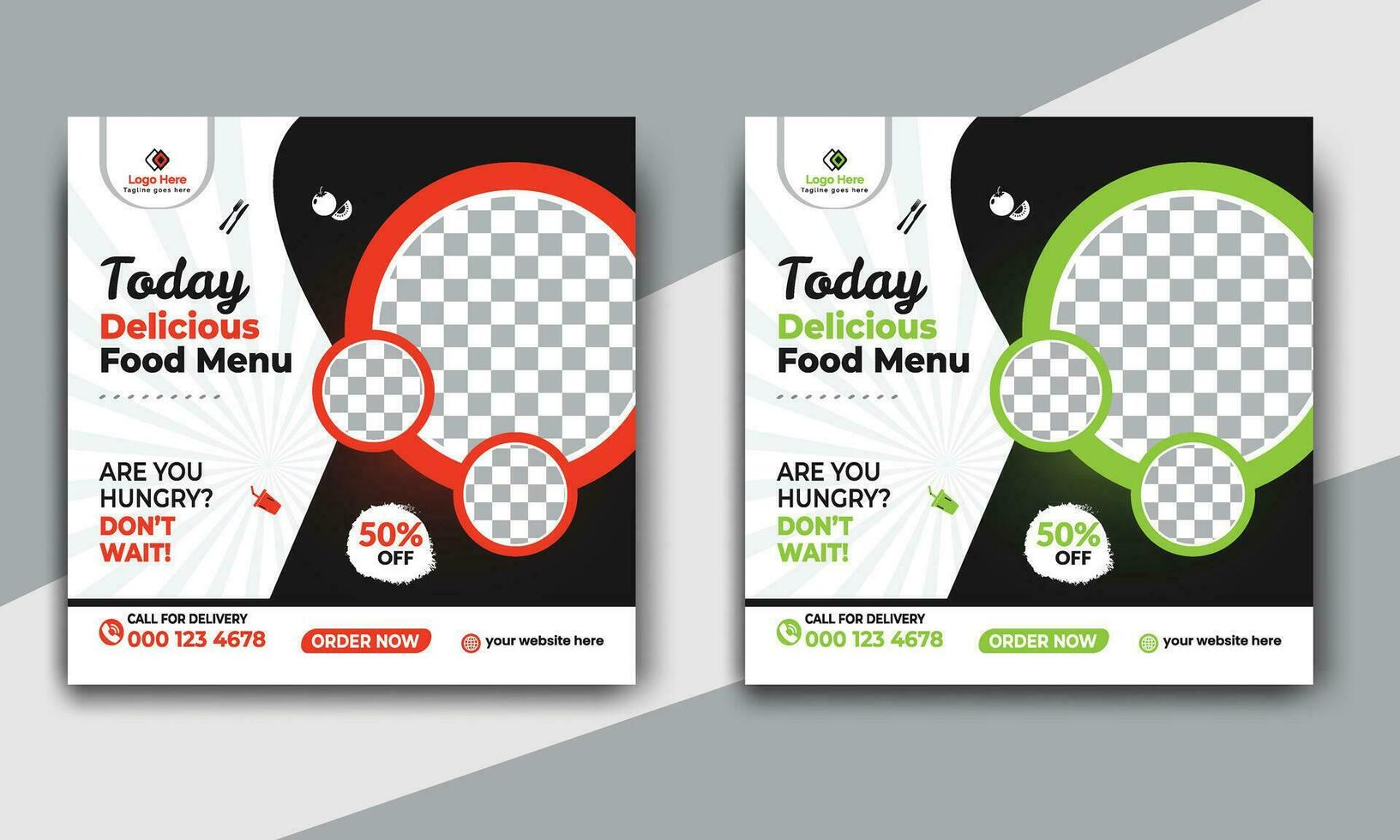 Fast food restaurant business marketing social media post or web banner template design with abstract background. Fresh pizza, burger and online sale promotion flyer or poster design. vector