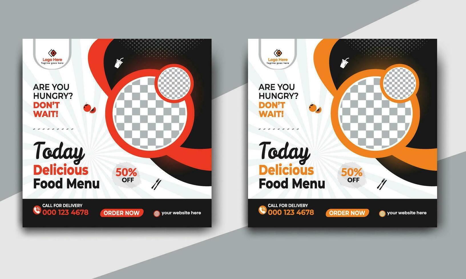 rápido comida restaurante negocio márketing social medios de comunicación enviar o web bandera modelo diseño con resumen antecedentes. Fresco pizza, hamburguesa y en línea rebaja promoción volantes o póster diseño. vector