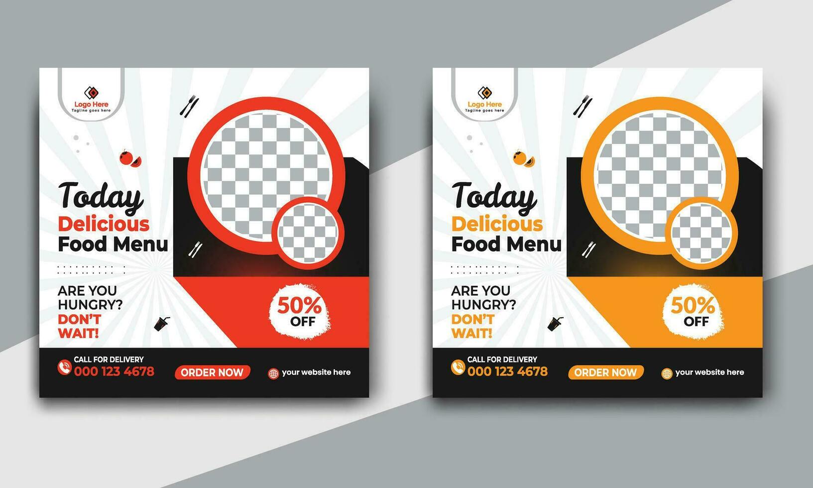 Fast food restaurant business marketing social media post or web banner template design with abstract background. Fresh pizza, burger and online sale promotion flyer or poster design. vector