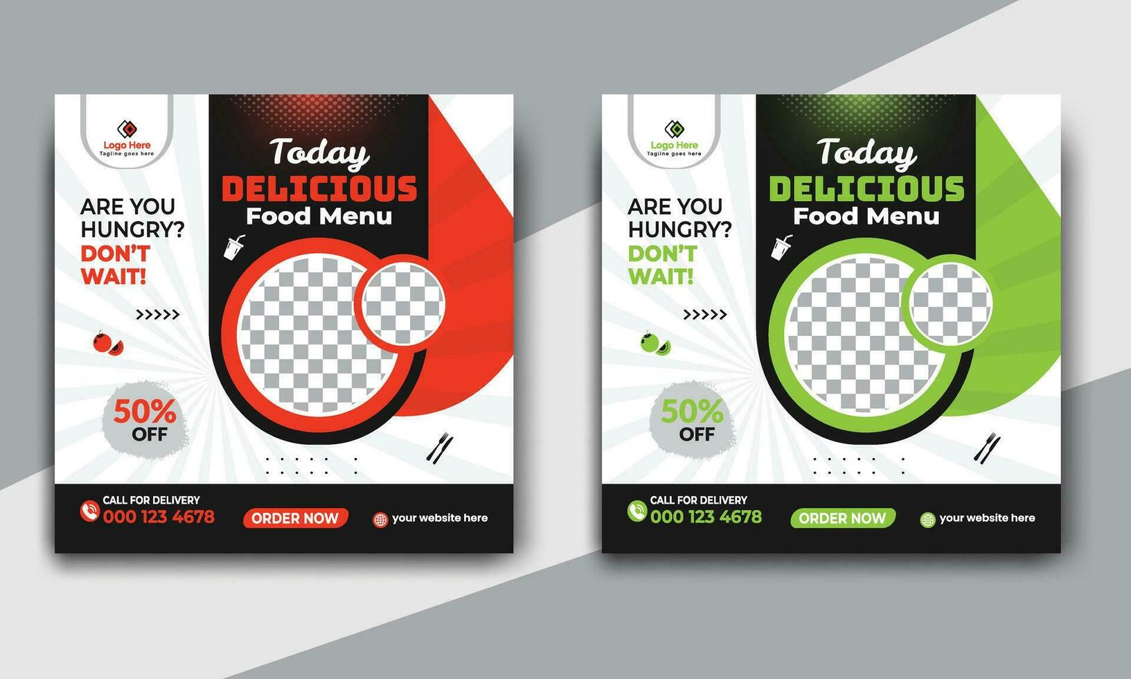 Fast food restaurant business marketing social media post or web banner template design with abstract background. Fresh pizza, burger and online sale promotion flyer or poster design. vector