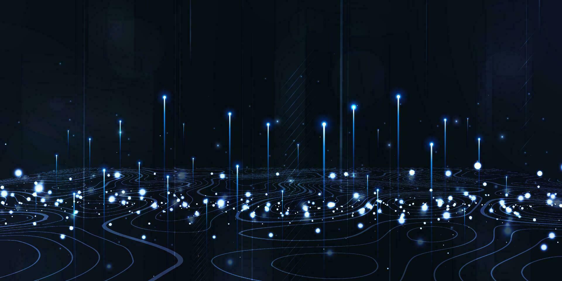 Digital technology futuristic internet network connection dark black background, blue abstract cyber information communication, Ai big data science, innovation future tech, line illustration vector 3d