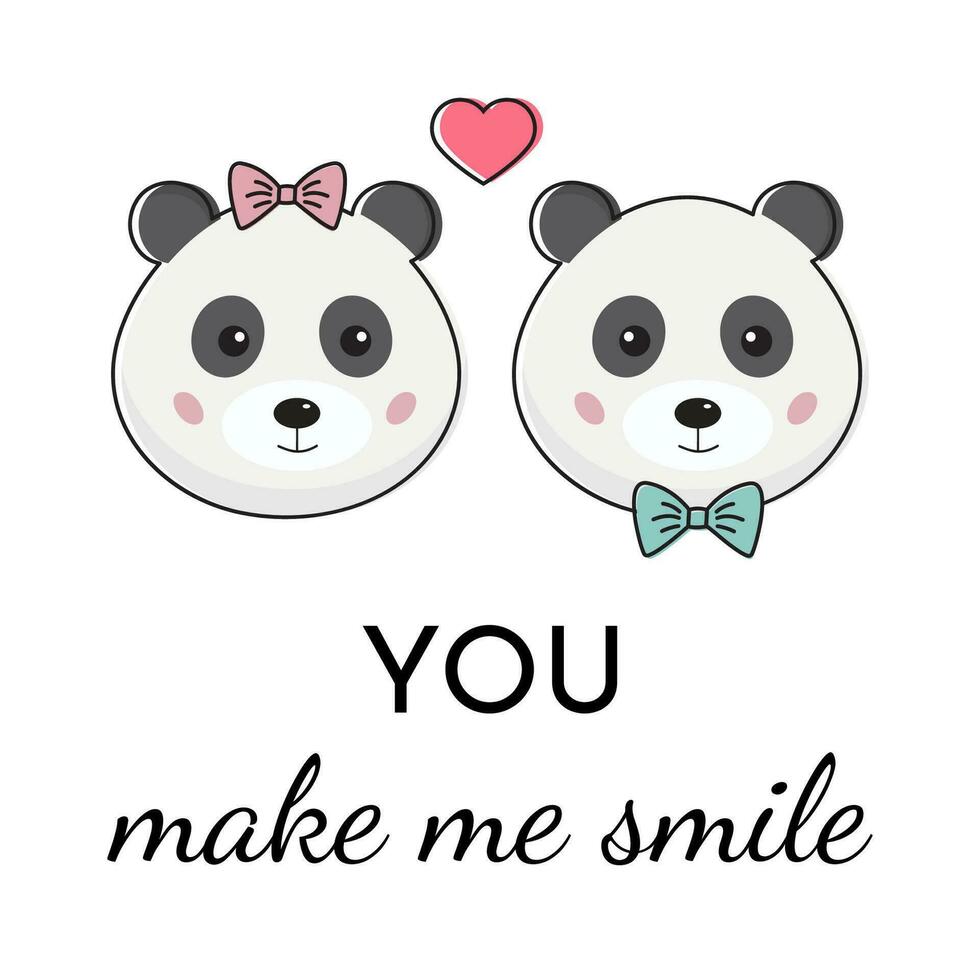 linda Pareja de pandas, romántico animales panda en kawaii estilo. enamorado día concepto, yo amor usted tarjeta. usted hacer yo sonrisa. impresión para tarjetas, carteles, invitación. vector