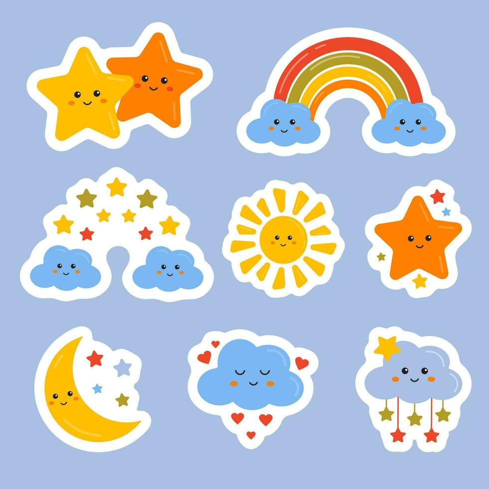 linda colección de pegatinas con gracioso arcoiris, estrellas, nube, Luna en dibujos animados estilo. arco iris niño simpático diseño de etiquetas, insignias para niños motivación, alentador, gratificante, apreciación. vector