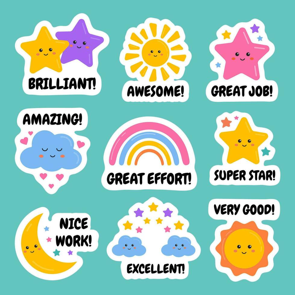 Encouragement good job, well done, excellent work stickers for kids, schoolers. Useful for teachers for motivation, learning, educational award, reward labels, badges. Stars, rainbows design. vector