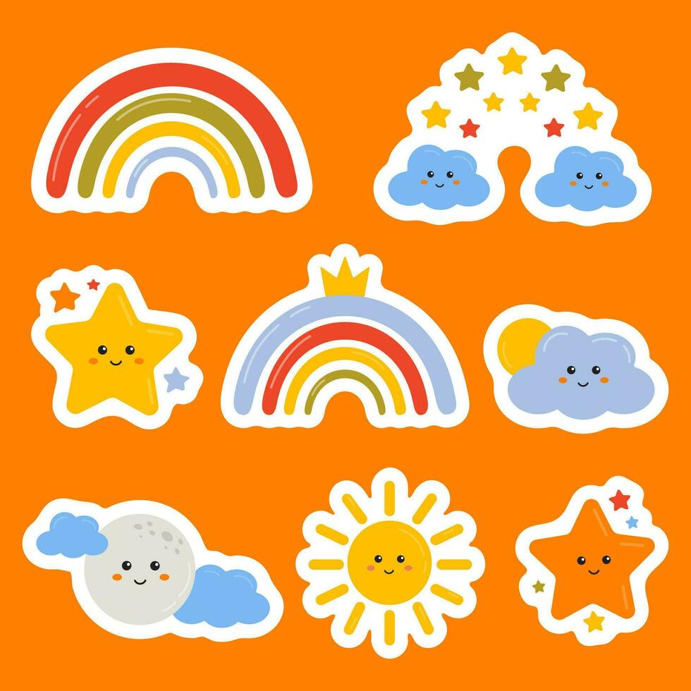 Rainbow, star, sun, moon, cloud cartoon collection of stickers for kids. Child friendly design of labels, badges for kids motivation, encouraging, rewarding, appreciation. Cute stickers for toddlers. vector