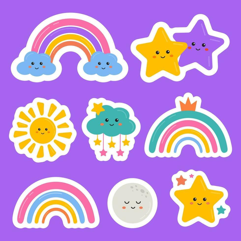 arco iris y estrella dibujos animados colección de pegatinas para niños. acortar Arte de pegatinas con arcoíris, estrella, nube, luna, Dom. Perfecto para niños motivación y logro, diario, recompensa cuadro, apreciación. vector