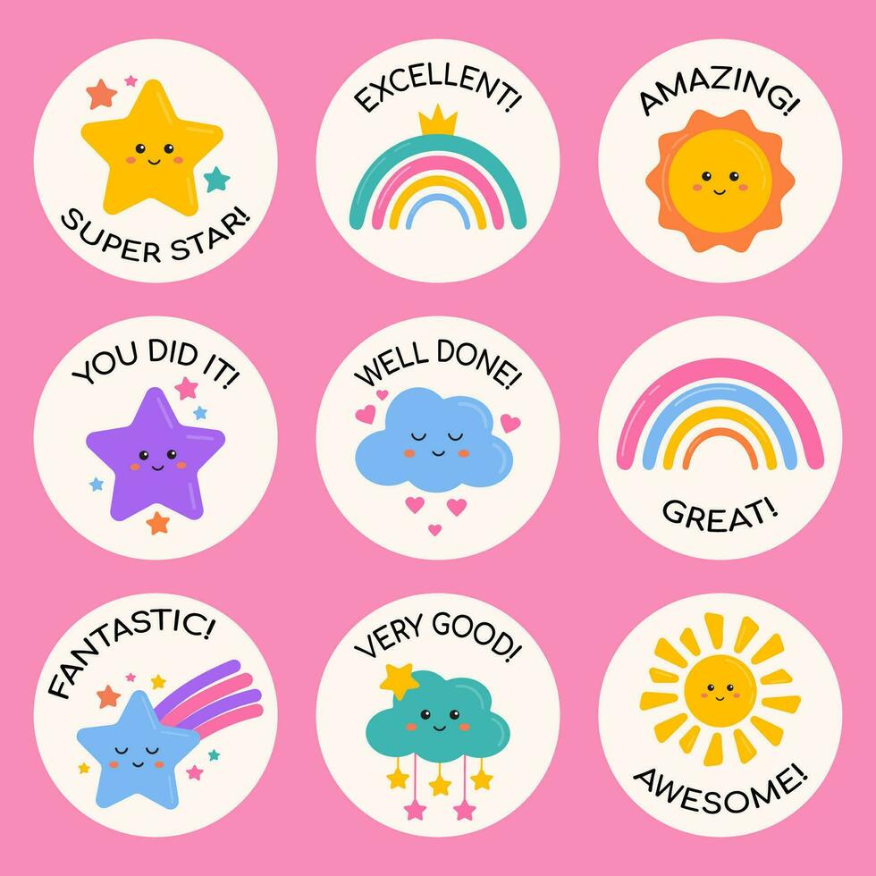 School reward stickers collection, encouragement labels, badges for kids, pupils. Useful for teachers, learning motivation, awesome homework, well done, great job, good job. Rainbow, sunny, clouds. vector