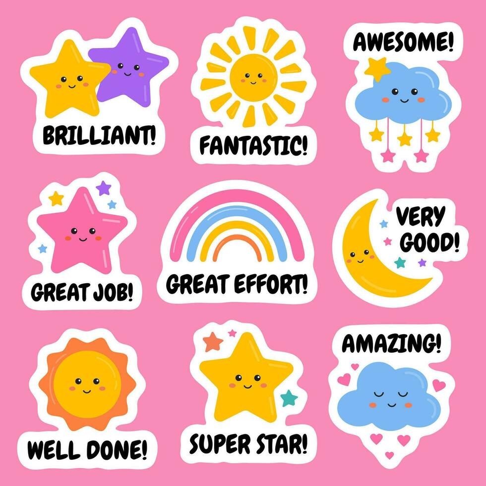 Kid's reward stickers collection with rainbows, stars, sunny, clouds. Award, encouraging, labels for motivation of success, excellent homework. School education reward for children. Good job, great. vector