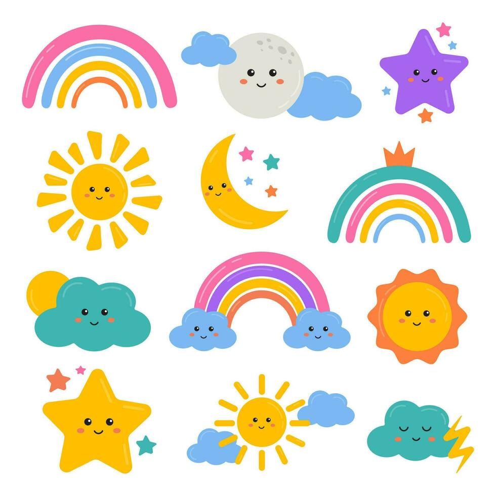 Clip art of funny rainbows, stars, sunny, moon, clouds in child friendly cute style. Weather elements, icon collection for holiday, nursery decoration, baby shower, clothing prints, invitation, cards. vector