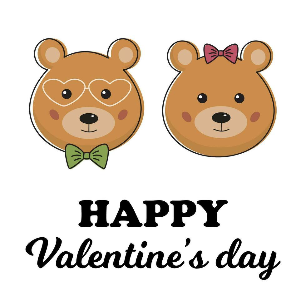 Happy Valentines day card with cute romantic couple of bears. Bear boy and girl in cute kawaii style. Love, I love you concept. For cards, tags, prints, social media post. vector