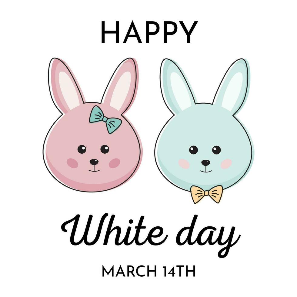 Happy White day with bunnies in kawaii style. Romantic couple of bunny for holiday. White day romantic greeting. 14 March. For cards, posters, invitation. vector