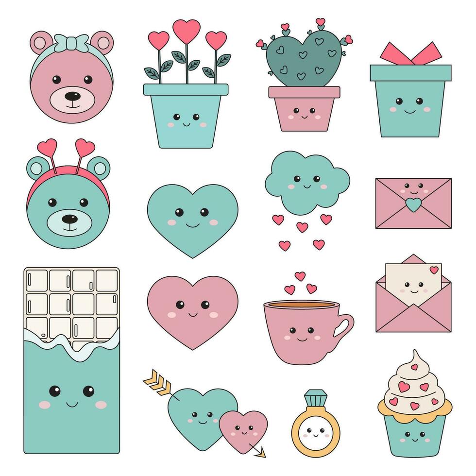 Love Valentines day icons clip art, collection, White day elements in cute pastel kawaii style, romantic badge pack. Letter, heart, plant, cupcake, chocolate, flower, cactus, bear, ring. vector