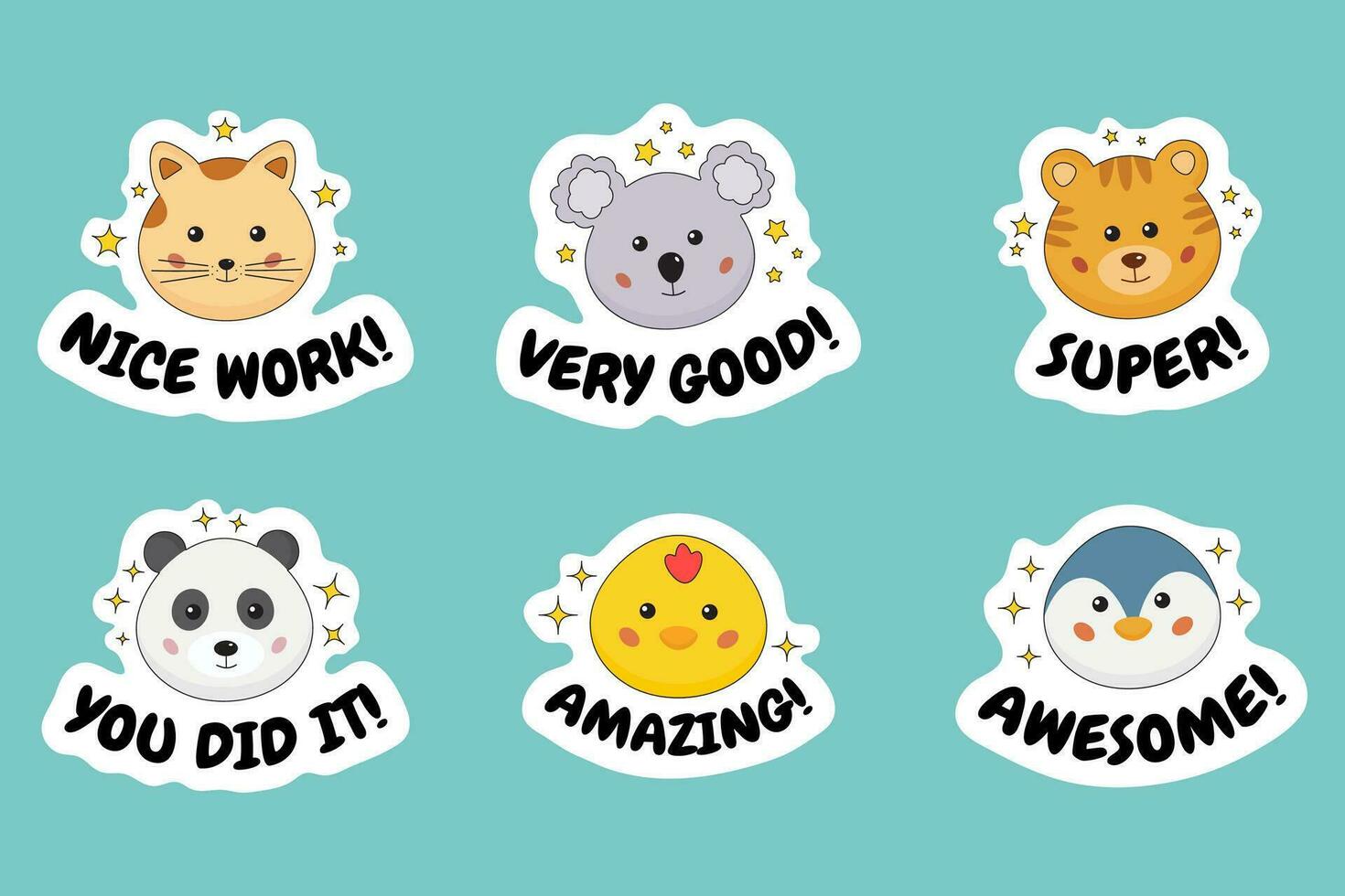Nice work, well done, good job stickers for kids, reward, achievement for motivating, encouraging learning, studding, good behavior, homework. Appreciation labels for children with cute animals. vector