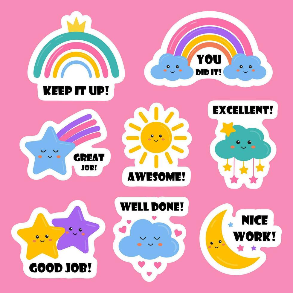 Job and great job stickers with cute rainbows, stars for kids. Stickers for teacher, students school to reward, motivate, encourage for learning, study, home tasks. Reward stickers, success, congrats. vector