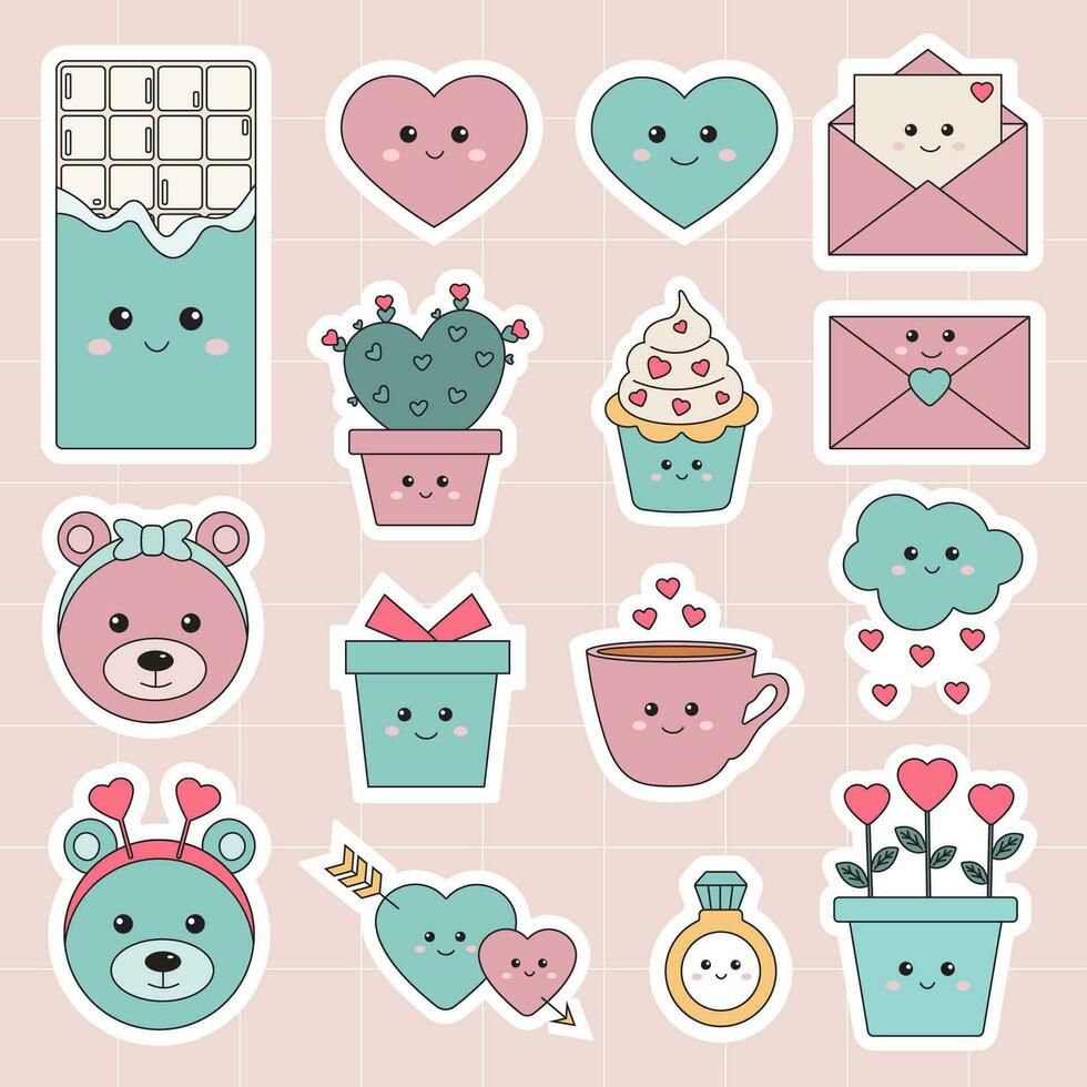 Love Valentines day, White day stickers pack in cute pastel kawaii style, romantic badge pack. Letter, heart,plant, cupcake, chocolate, flower, cactus, emoji for scrapbooking, daily planner, diary. vector