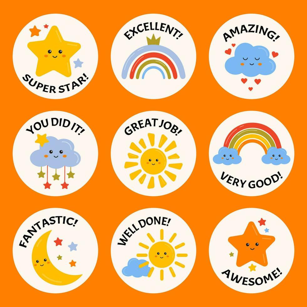 Job and great job stickers with cute rainbows, stars for kids. Stickers for teacher, students school to reward, motivate, encourage for learning, study, home tasks. Reward stickers, success, congrats. vector