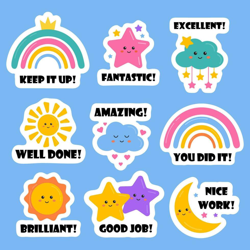School labels for teachers, good job, well done, nice work reward labels for kids, pupils with funny rainbow, sun, star. Award, encouraging, motivation stickers for success, good education, homework. vector