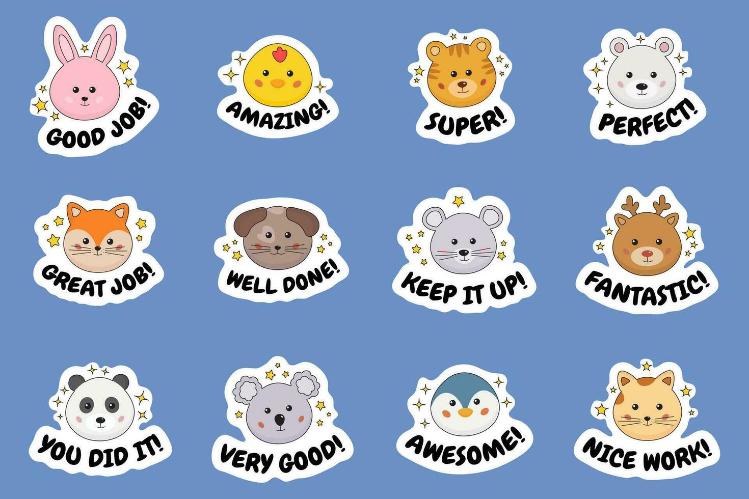 Good job, well done, nice work, great, awesome reward labels for kids, pupils with funny animals. Bunny, bear, panda, fox characters stickers for encouraging. Teachers stickers, education motivation. vector