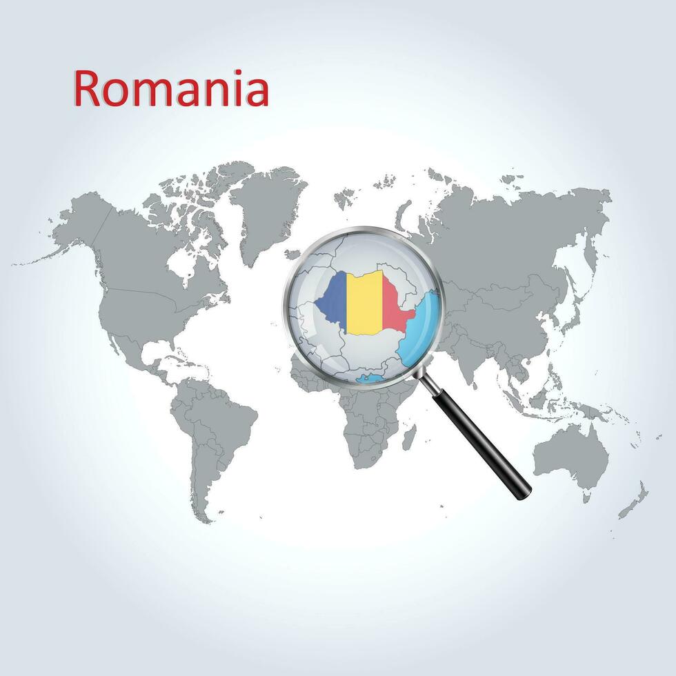 Magnified map Romania with the flag of Romania enlargement of maps, Vector Art