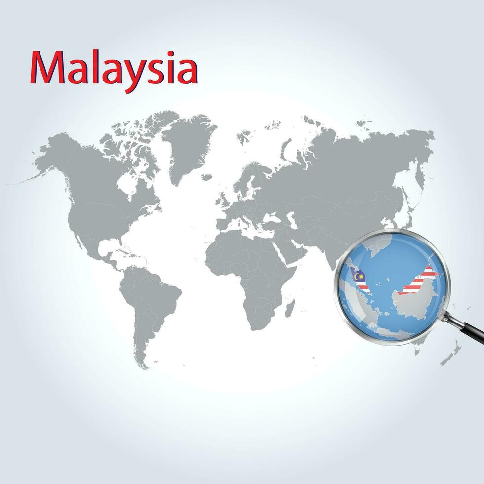 Magnified map Malaysia with the flag of Malaysia enlargement of maps Vector Art