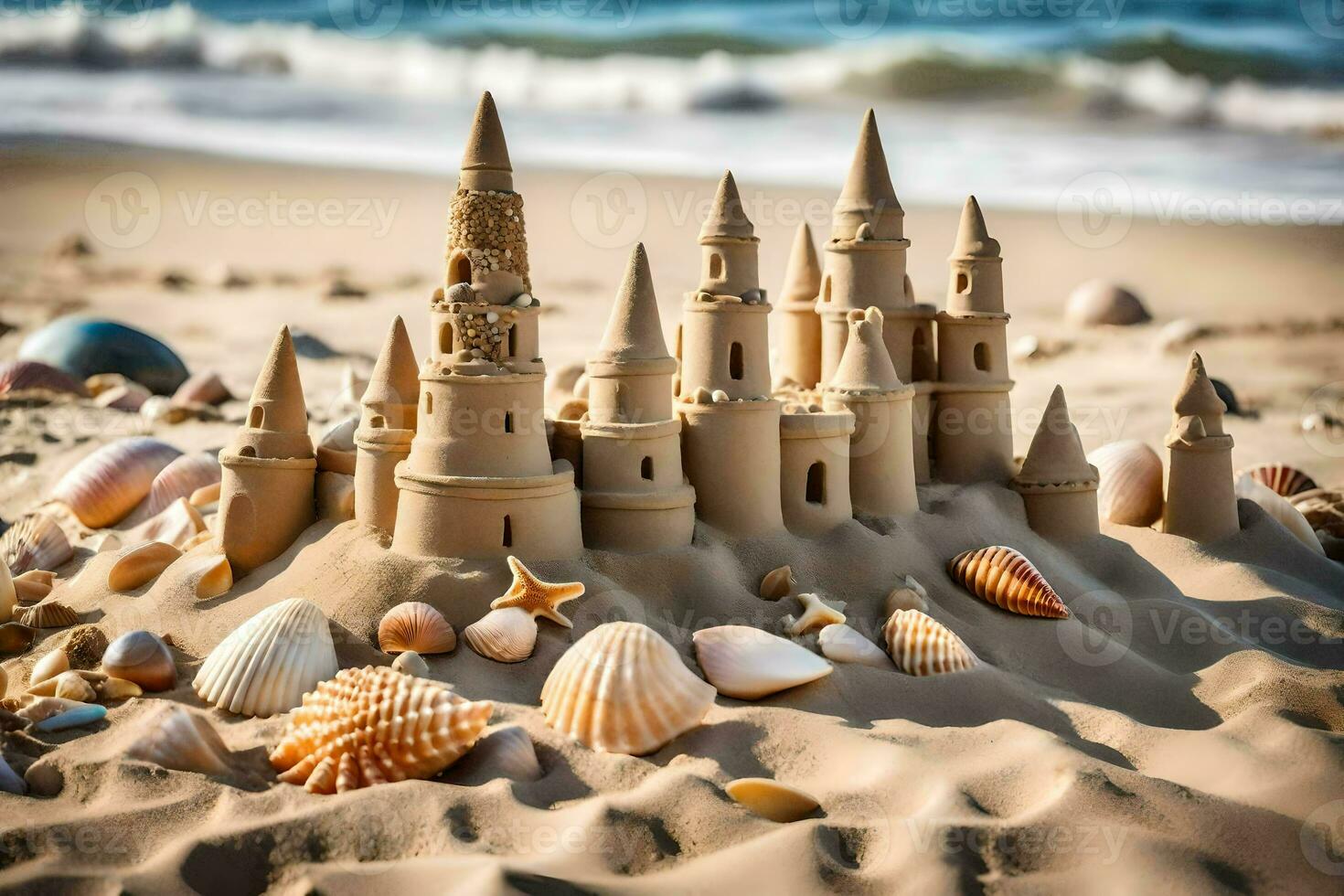 ai generado un arena castillo en el playa con conchas y conchas marinas foto