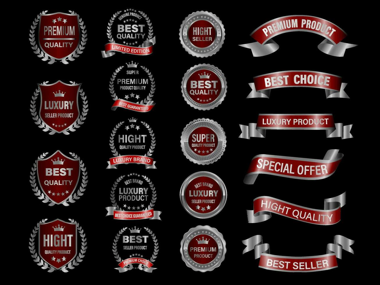 plata rojo lujo prima calidad etiqueta insignias en negro antecedentes vector