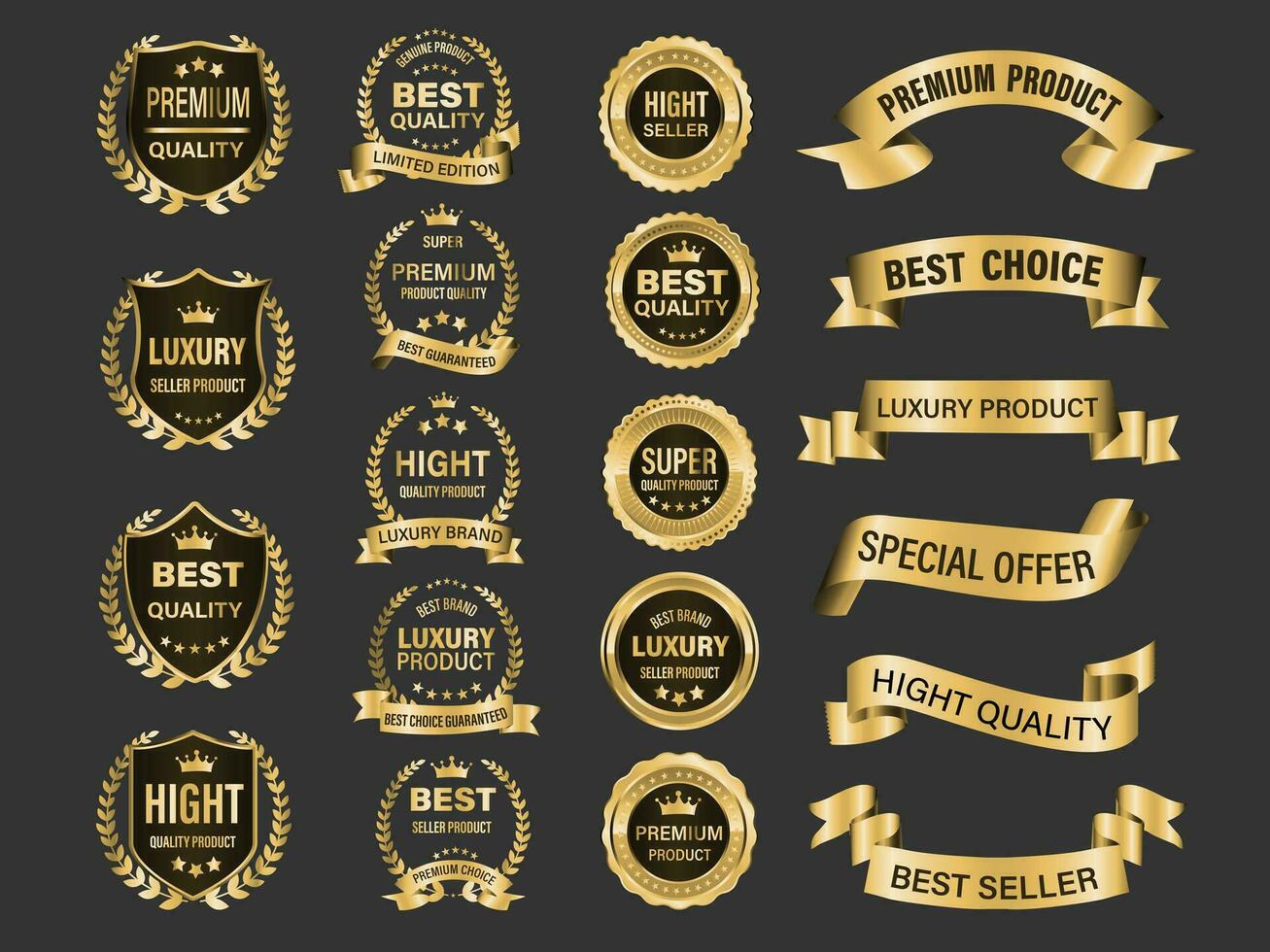 Golden luxury premium quality label badges on grey background vector