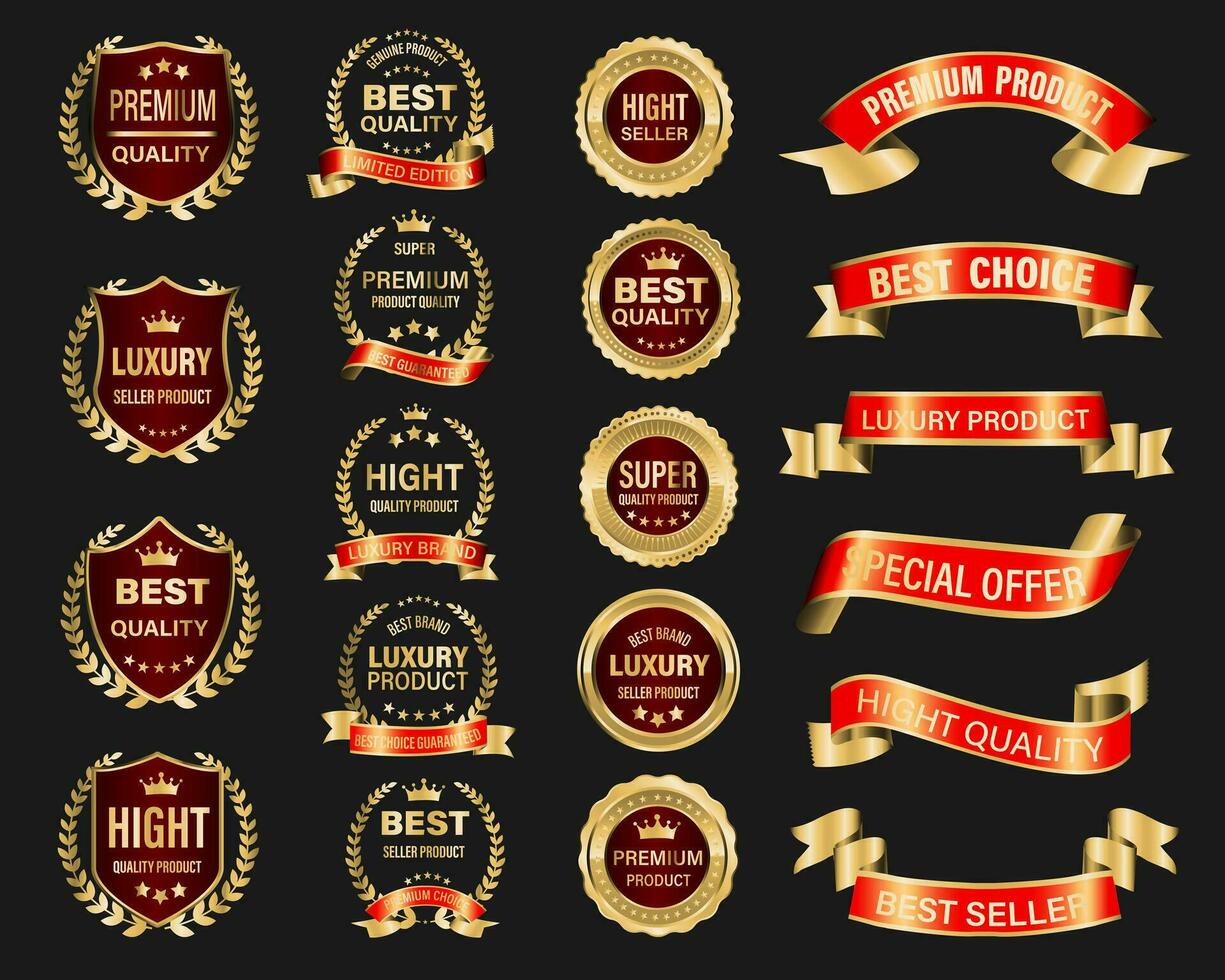 Golden red luxury premium quality label badges on grey background vector